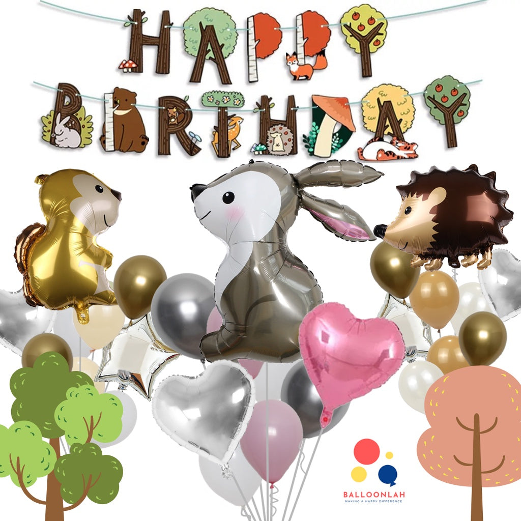 🌳 WOODLAND Animal Bunny Squirrel Hedgehog Balloon Bouquet [READY STOCK IN SG]