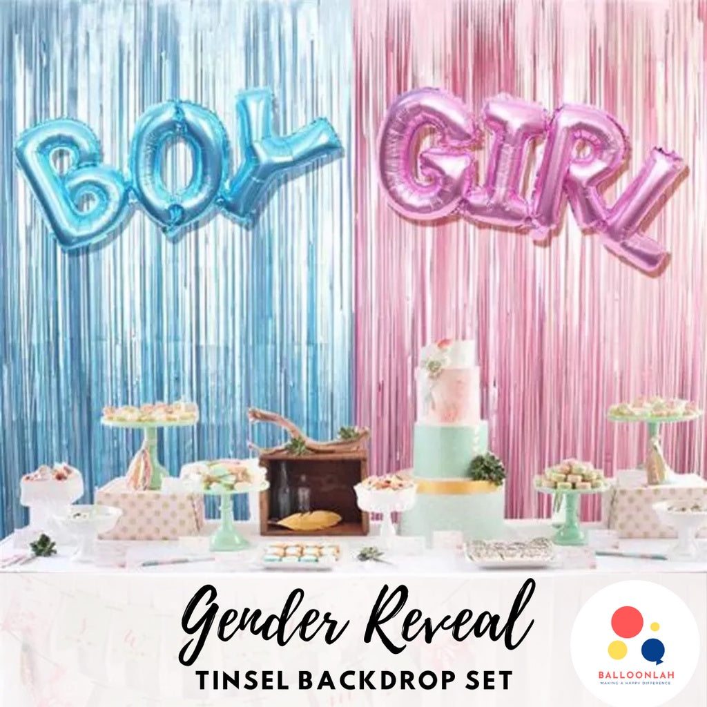 Gender Reveal Tinsel Backdrop Set Party Decoration Balloons [READY STOCK IN SG]