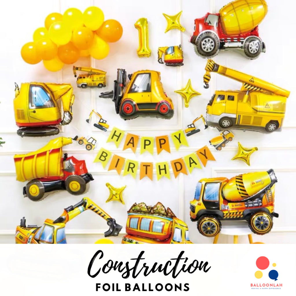 CONSTRUCTION Truck Crane Forklift Bus Balloon Garland Birthday Decoration [READY STOCK IN SG]