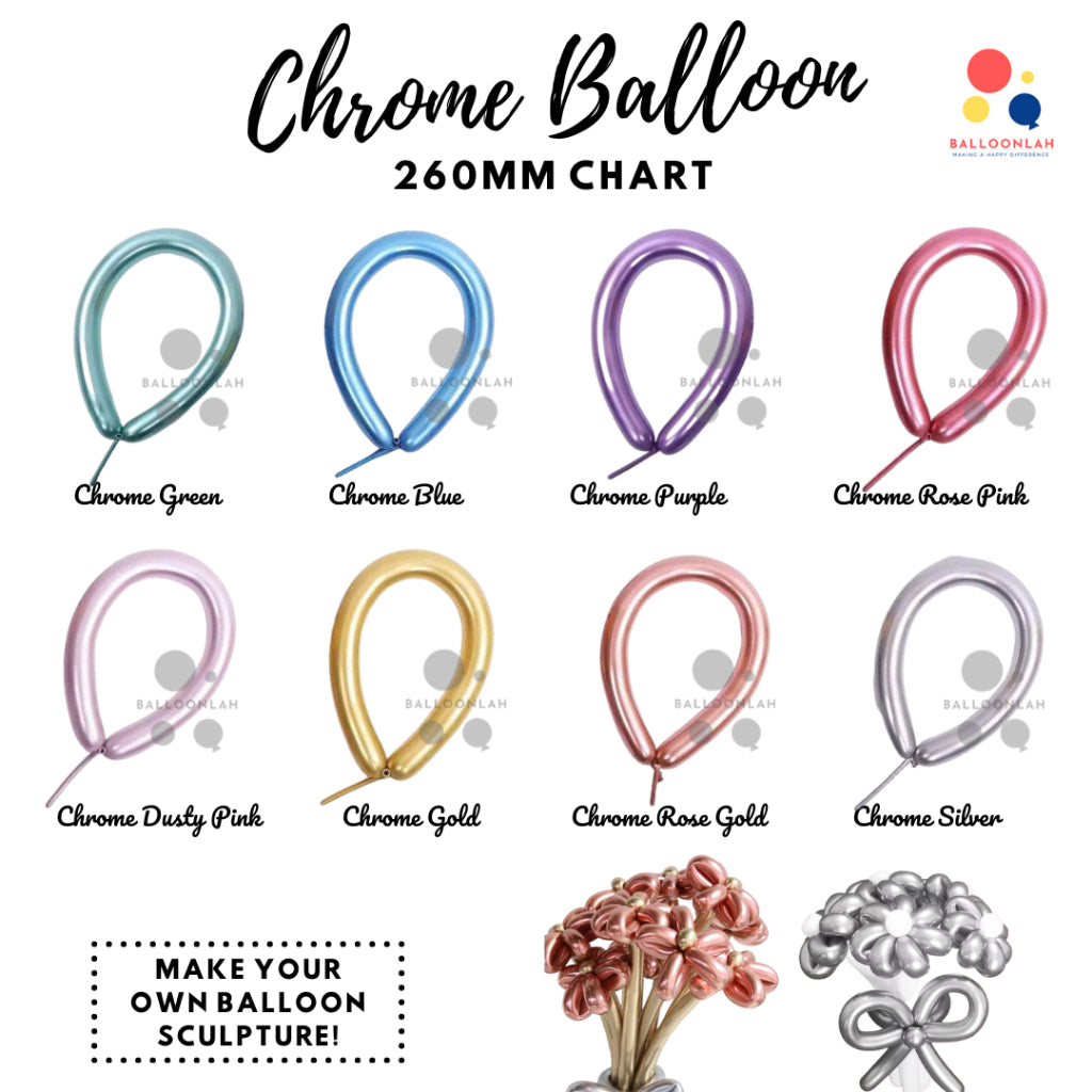 260 mm Metallic Chrome Colour Long Latex Balloons Twisting Balloon Sculpture [READY STOCK IN SG]