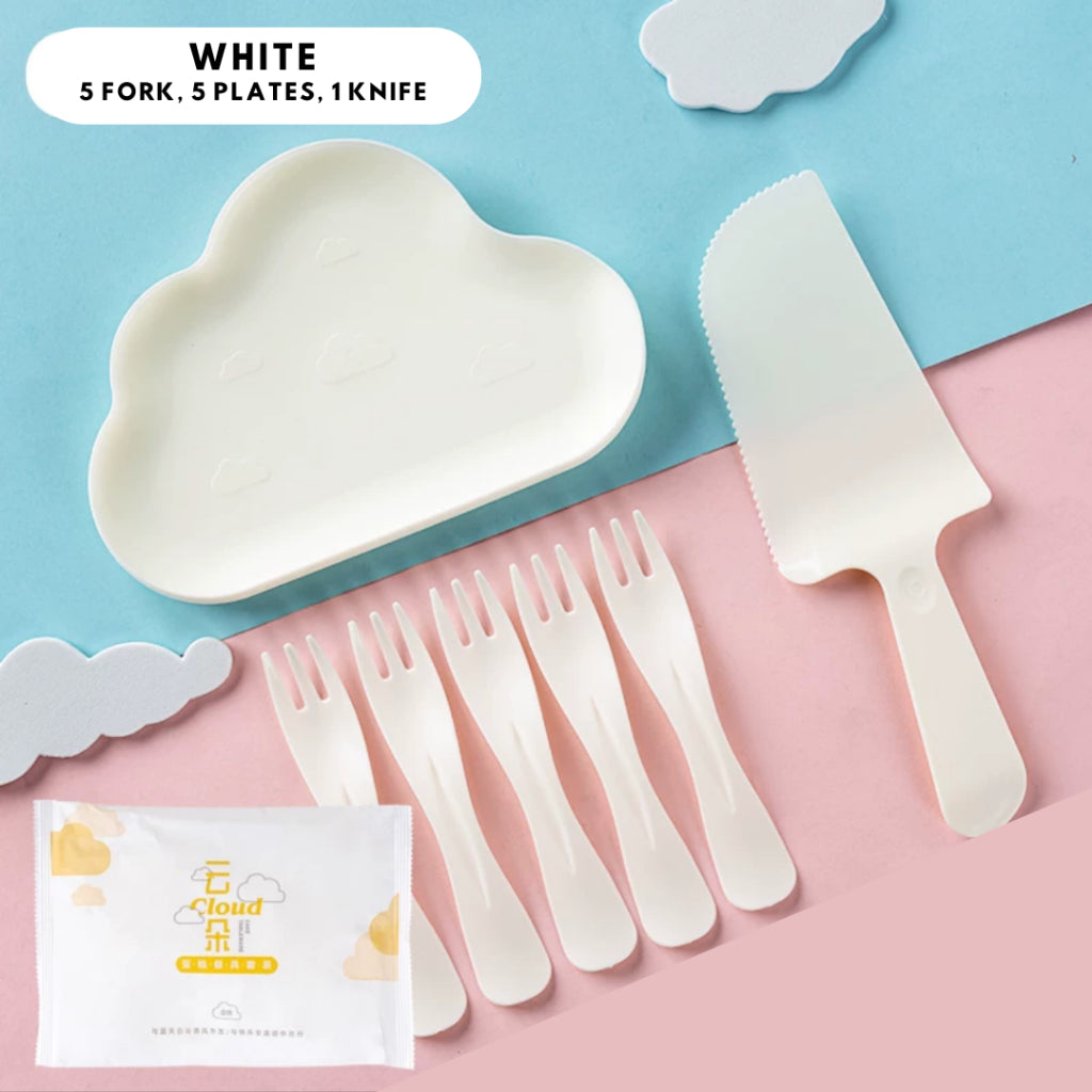 Pastel Cake Plate Set Party Cultery Set Disposable Cloud[Ready Stock in SG]